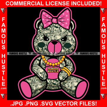 Pink Female Money Teddy Bear Made From $100 Bill Cash Pattern Woman Polk-A-Dot Bow Gangster Girl Gold Chain Lady Hip Hop Rap Plug Trap Street Hood Hustler Boss Famous Hustle Rich Art Graphic Design Logo T-Shirt Print Printing JPG PNG SVG Vector Cut File